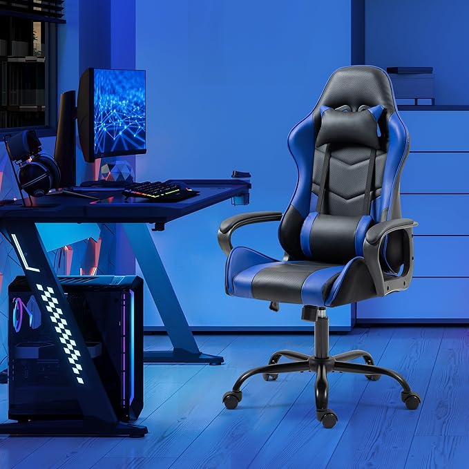 ECOTOUGE Gaming Chair Ergonomic Video Game Chair with Massage Lumbar Support &amp Rocking High Back 360° Swivel Computer Gamer Chair for Gaming or Office Height Adjustable Blue