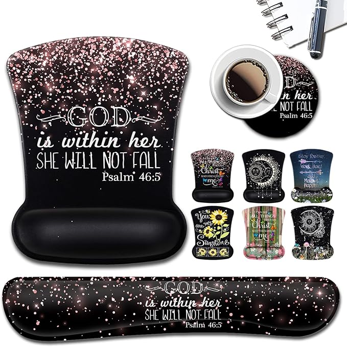 Ergonomic Gel Mouse Pad with Wrist Support Memory Foam Keyboard Wrist RestNon-Slip PU Base for Home Office Working Studying Easy Typing &amp Pain Relief Rose Gold Glitter Black Mouse Pad Psalm 46-