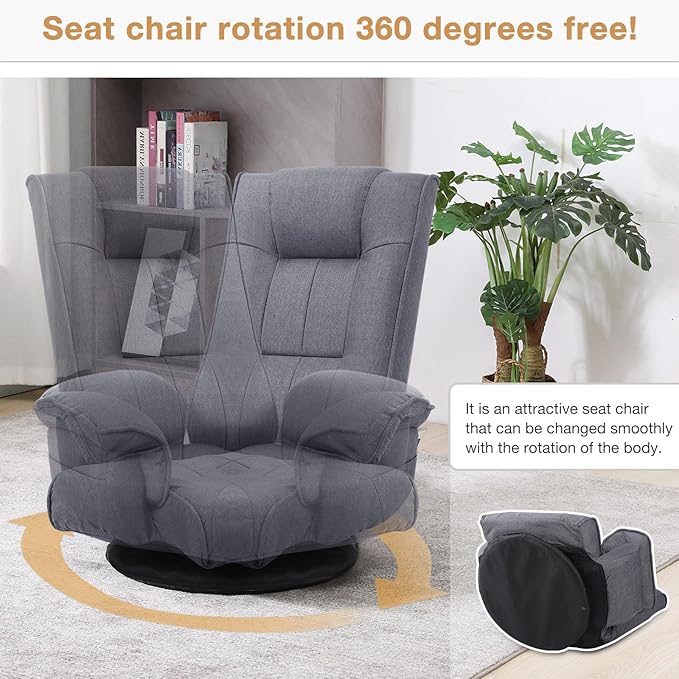 Ergonomic Swivel Floor Gaming Chair with Armrests &amp Side Pockets 6-Position Reclining Sofa Bed Foldable Padded Lounger with Thick Cushion &amp Lumbar Support for Esports Reading TV Watching (