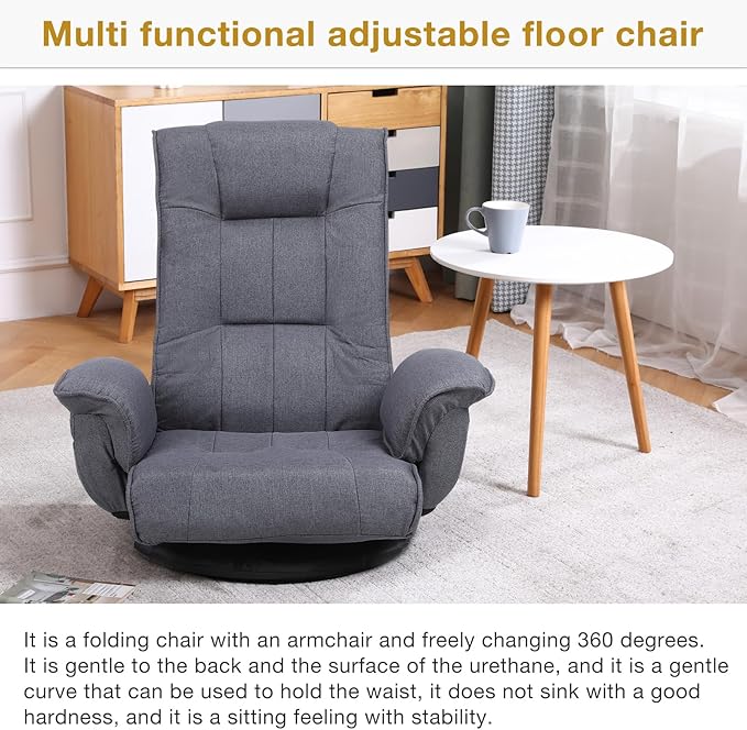 Ergonomic Swivel Floor Gaming Chair with Armrests &amp Side Pockets 6-Position Reclining Sofa Bed Foldable Padded Lounger with Thick Cushion &amp Lumbar Support for Esports Reading TV Watching (