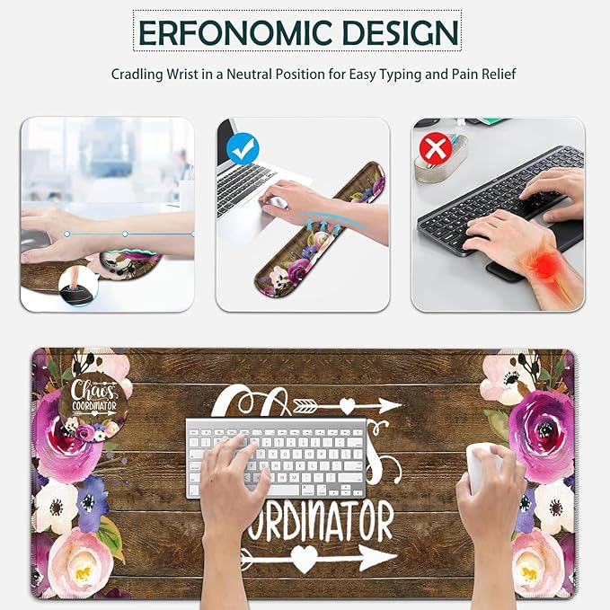 Large Mouse Pad Ergonomic Mouse Pad with Wrist Rest and Keyboard Wrist Rest 4 in 1 Set 31.5 x11.8 inch Extended Desk Pad for Home OfficeChaos Coordinator Quotes Watercolor Floral Gaming Mouse Mat