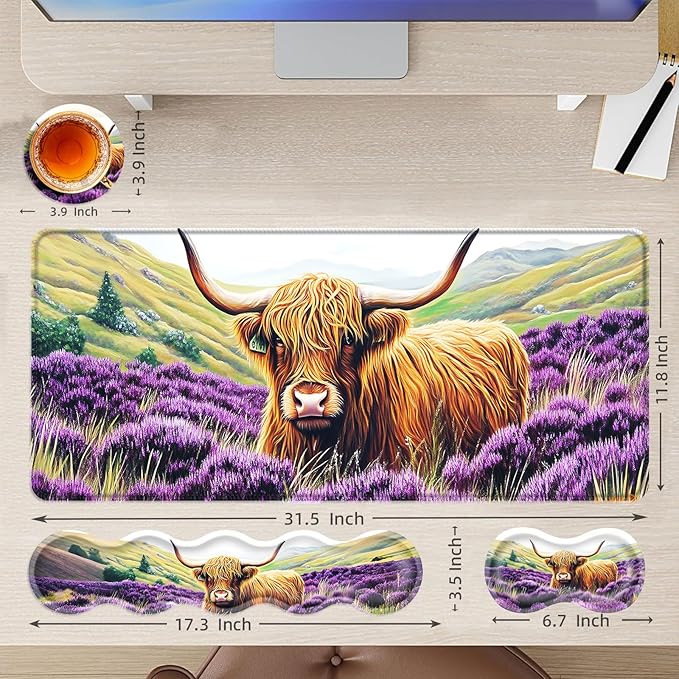 Large Mouse Pad and Keyboard Wrist Rest Desk Pad for Keyboard and Mouse 4-in-1 Large Gaming Mouse Pad with Wrist Support Desk Mat for Home Office Study GameCute Highland Cow