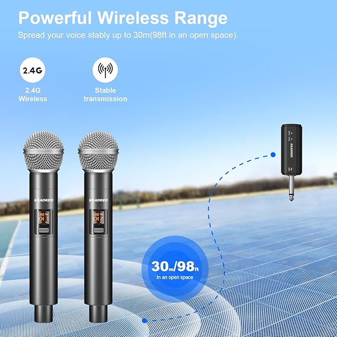 Aokeo Wireless Microphone Only for Mic Input UHF Metal Dynamic Handheld Multipurpose Mic with Rechargeable Receiver (Work 4hs) 160ft Range for Karaoke Machine Amplifier Speaker Mixer