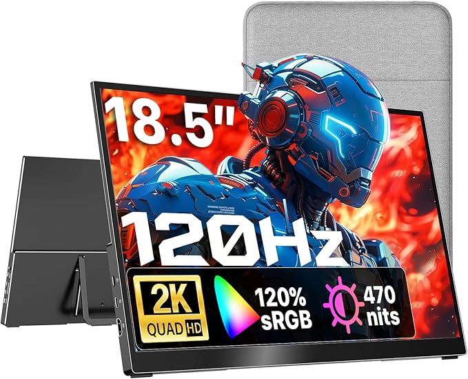 Portable Monitor 18.5 inch 2K QHD 120% sRGB 120Hz Travel Monitor for Laptop MacBook Surface PC Xbox PS5 HDMI USB-C VESA Compatible Built-in Speaker
