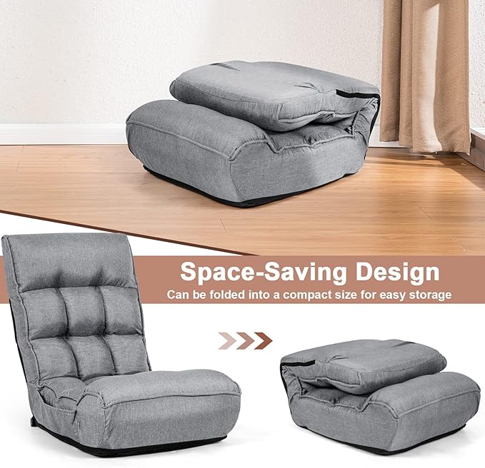 MAT EXPERT Folding Floor Chair Floor Gaming Chair w/ 4-Position Backrest 5-Position Adjustable Headrest Side Pocket Indoor Floor Chair w/Back Support for Bedroom Living Room (Grey)