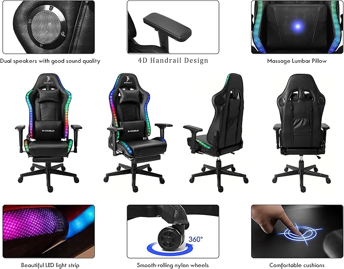 TBQATNTS 7-Point Massage Gaming Chair Video Gaming Chair with Speakers and LED/RGB Lights Ergonomic Computer Chair with Footrest and Lumbar Support 180 Degree Tilt High Back Office Chair.Black