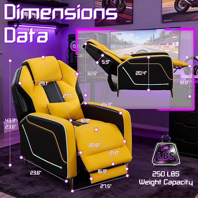 Gaming Recliner Chair with LED Lights Racing Style PU Leather Gaming Recliner for Adults Ergonomic Push-Back Recliner with Lumbar Pillow Home Theater Seating with Side Pockets Yellow