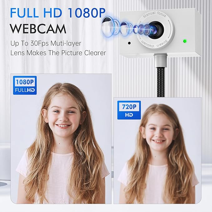 Webcam for PC Laptop Camera USB Webcam with Adjustable Gooseneck Flexible Positioning 1080P Computer Camera for Presentation Desktop Demo Full-Body View Video Call Zoom Teams Skype (White)