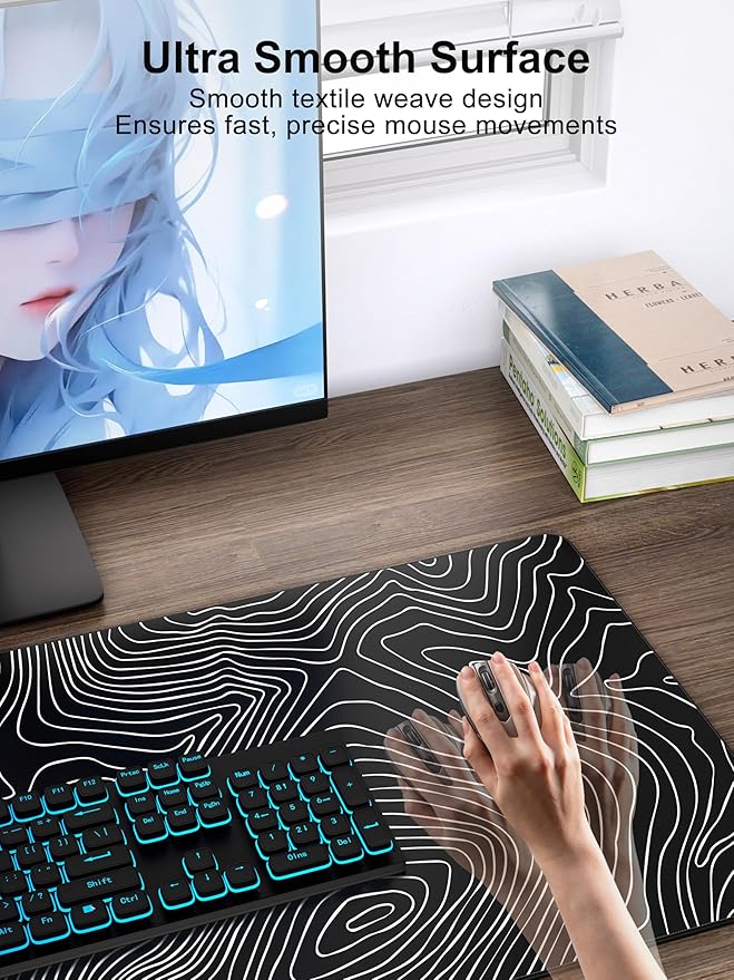 TopMade Mouse Pad with 15W Fast Wireless Charging 31.5x15.75 XXL Large Gaming Waterproof Desk Pad with Ultra-Smooth Surface Non-Slip Base Computer Desk Mat Black Topographic Map #1