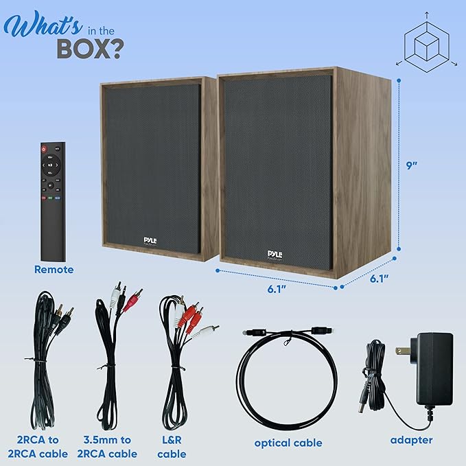 PyleUsa Powered Bookshelf Speaker Monitors HiFi Studio Monitor Computer Desk Stereo Speaker System Opt/Coax/RCA/USB/AUX Out Connection VOL/TREB/BASS Control Studio Sound Wood - PBKSRB40