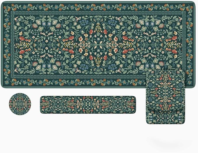 iLeadon Mouse Pad and Keyboard Wrist Rest Extra Large Mouse Pad Set Memory Foam Wrist Support for Keyboard Ultra Smooth Dark Green Desk Mat Sets for Office Women(Floral)