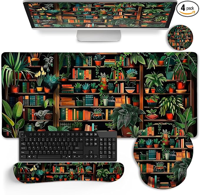 Book Mouse Pad Set Large Desk Matt for Desktop Ergonomic Mouse Pad with Wrist Rest Gaming Mouse Pad Wrist Support Keyboard Mat Cup Coaster Set Cute Office Desk Decor Accessories