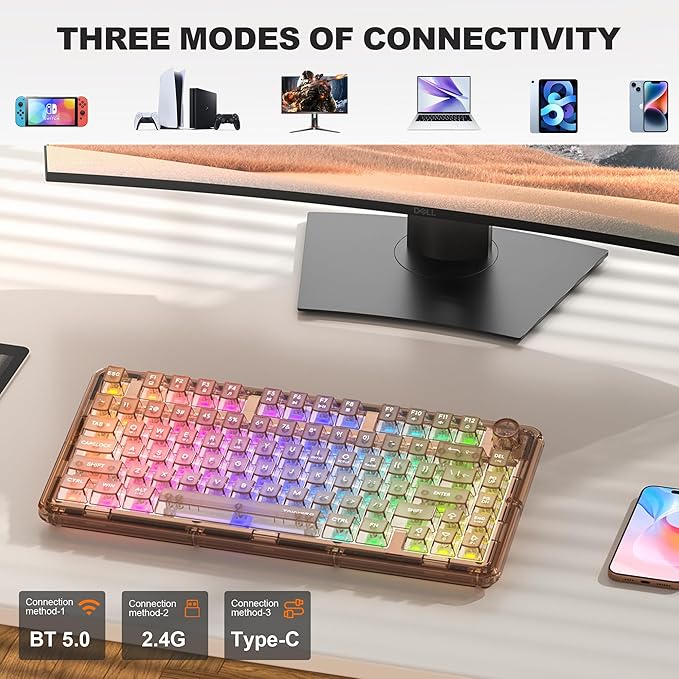 Transparent Mechanical Keyboard 80-Key RGB Backlit Wireless Gaming Keyboards Hot Swap Customizable Clear Acrylic Design Quiet Linear Switches 3 Modes BT5.0/2.4G/USB-C 4000mAh Battery (Brown)