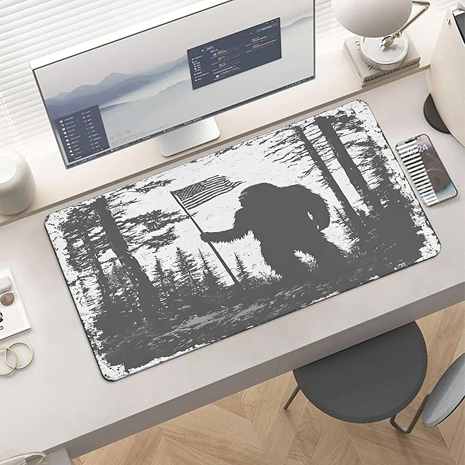 XXL Gaming Mouse Pad Bigfoot Silhouette American Flag Large Desk Mat Protector for Desktop Anti-Slip Rubber Extended Computer Keyboard Mat Writing Pad Mousepad for Work Office15.7 * 35.4 in A-677