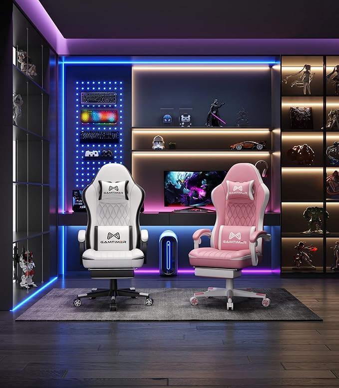 Gaming Chair with Footrest Ergonomic Computer Chair PU Breathable Material with Headrest and Lumbar Support Suitable for Silla Gamer and Adults (White)