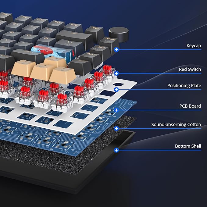 75 Percent Keyboard Gasket-Mounted with Sound Absorbing Pads 82-Key Compact Wired RGB Mechanical Gaming Keyboard Hot-Swap Socket for Win Blue Samurai