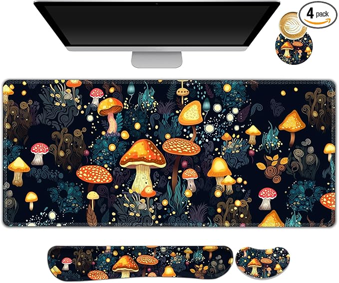 ARTSO Large Gaming Mouse Pad Keyboard Wrist Rest Pad &amp Wrist Support Mousepad Set Stitched Edge Extended Non-Slip Base Memory Foam Desk Mat for Office Home Cute Mushrooms