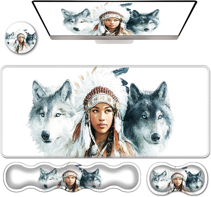 Ergonomic Keyboard Wrist Rest &amp Mouse Pad Wrist Rest SetXL Gaming Desk Mat 31.5x 11.8Non-Slip BaseMemory FoamEasy Typing Pain Relief for Office &amp HomeAmerican Wolf Woman