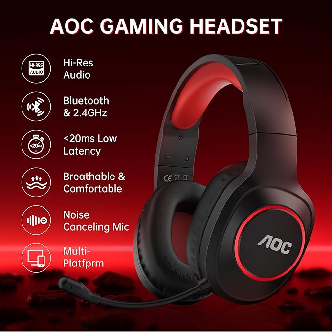 AOC Bluetooth Gaming Headset with Mic for PC PS5/4 Nintendo Switch 2.4GHz Wireless Gaming Headphones with RGB USB-C 7.1 Virtual Surround 20ms Latency 45H Playtime- Red