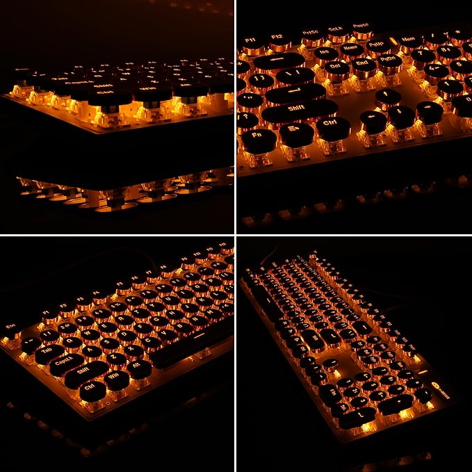 Camiysn Typewriter Style Mechanical Keyboard Retro Punk Gaming Keyboard with Gold LED Backlit Cute Wired Keyboards104 Keys Full Size Keyboards Uique Round Keycaps for Windows/Mac/PC(White&ampGold