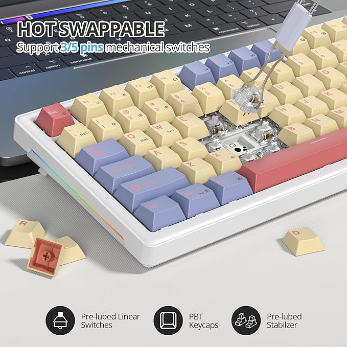 75% Mechanical Keyboard Gasket with Knob Custom Wired Creamy Gaming Keyboard TKL 75 Percent Hot Swappable RGB Backlit Pre-lubed Switch for Win/MAC PC Laptop（Cotton Candy/White Switch）