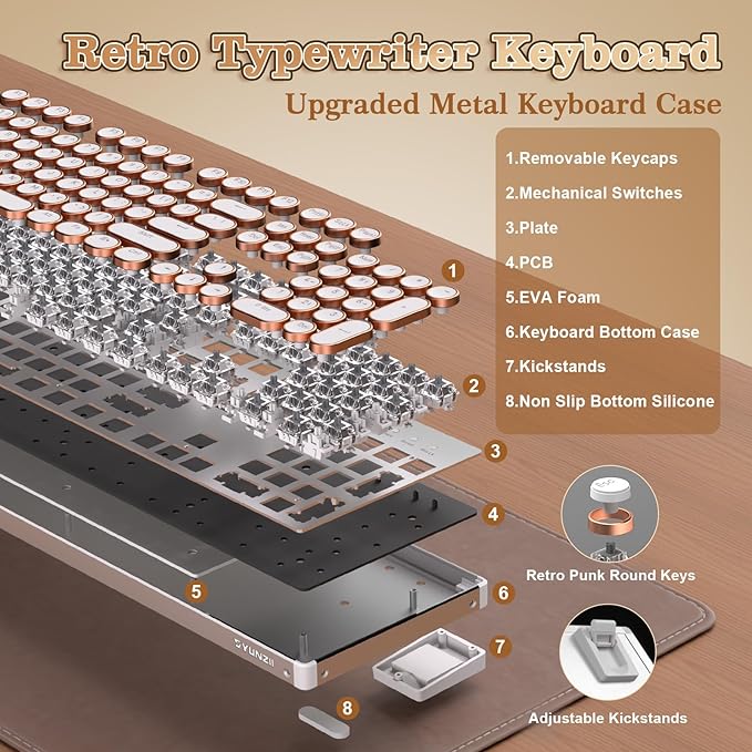 YUNZII QL108 Typewriter Style Mechanical Gaming KeyboardFull Size Hot Swappable RGB Backlit KeyboardsMetal Panel Retro Punk Round KeycapsUSB Wired Computer Keyboard (Silver Onyx Gray Switch)