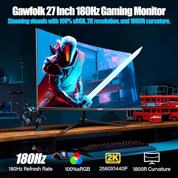 Gawfolk 27 Inch Gaming Curved Monitor 180Hz QHD 2560x1440p PC Monitor with AMD FreeSync Flicker-Free HDMI 2.0 DP 1.4 Ultra-Thin Frameless 2K Computer Screen