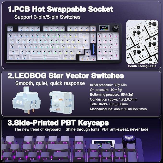 AULA S98 Pro Wireless Mechanical Keyboard with Screen &amp Knob2.4GHz/USB-C/BT5.0 Hot Swappable Creamy KeyboardPre-lubed Linear SwitchesSide Printed PBT KeycapsRGB Backlit Gaming Keyboards