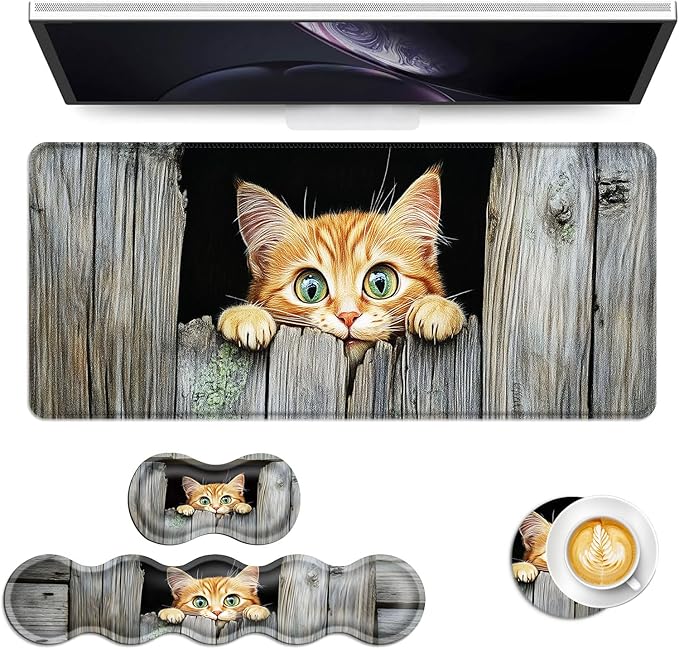 Keyboard Mouse Pad Set Extended Gaming Mouse Pad+Ergonomics Keyboard Wrist Rest Support Memory Foam Easy Typing Pain Relief 4Pcs XL Ultra Thick Desk MatCute Kitten