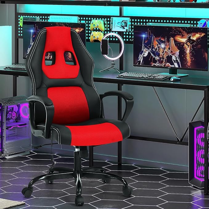 Racing Gaming Chair Ergonomic Video Game Chair with Massage Lumbar Support Headrest Armrest High-Back Adjustable PU Leather Rolling Swivel Computer Desk Chair for Home Office (Red)