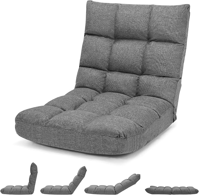 MAT EXPERT 14-Position Floor Chair Floor Gaming Chair w/Resilience Sponge Alloy Steel Frame Padded Bed Couch Recliner Floor Chair with Back Support for Reading Meditating (Gray)