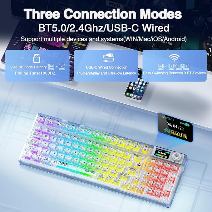 AULA F98 Pro Wireless Mechanical Keyboard with Transparent KeycapsHot-swappablePre-lubed Linear SwitchesGasket StructureRGB BacklitOLED ScreenBT5.0/2.4G/USB-C Wired Computer Keyboard