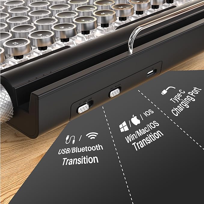 Taiahiro Retro Typewriter Mechanical Keyboard Wireless Bluetooth 5.0 LED Backlit Office Computer Keyboards with 83-Key Clicky Blue Switches Vintage Design for PC/Laptop/Mac/Pad/Phone/Gaming Black