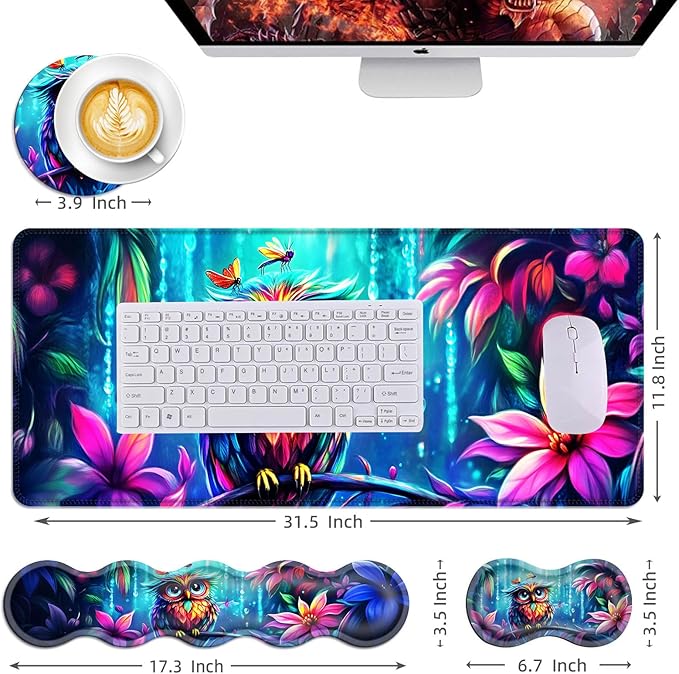 Mouse PadLarge Desk Mat Set 4in1 XL Mousepad + Keyboard Wrist Rest+Mouse Wrist Rest+Coaster with Ergonomic Desk Pad for Home Office Table Computer Cover -Owl Flowers Dragonflies