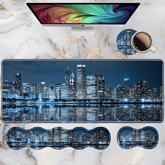 Ergonomic Keyboard Wrist Rest &amp Mouse Pad Wrist Rest Set Large XXL Gaming Desk Mat 31.5x 11.8 Non-Slip Base Memory Foam Easy Typing Pain Relief for Office &amp Home Chicago Skyline Night V