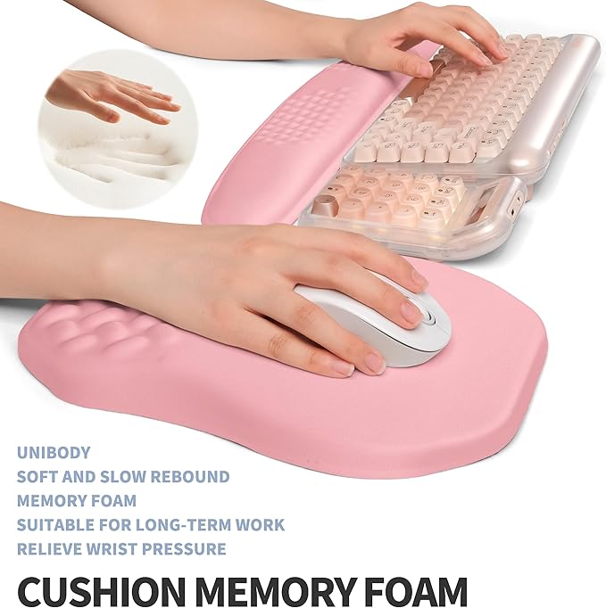 2-in-1 Ergonomic Set Wave Keyboard Wrist Rest and Massage Slope Mouse Pad Wrist Support Rebound Memory Foam for Relieve Carpal Tunnel Syndrome and Wrist Pain (Pink)