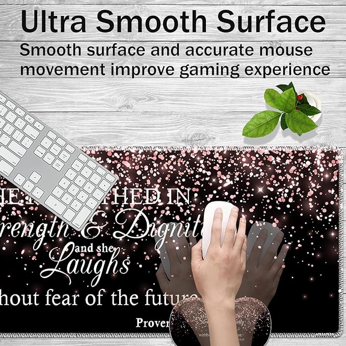 Large Game Mouse Pad + Wrist Support Pad + Coffee Coaster Rose Gold Proverbs 31:25 Foldable Table Mat with Stitched Edge Non-Slip Set Pad Suitable for Office Work and Home