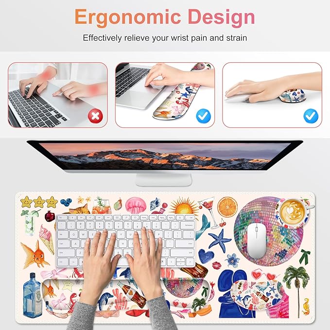 Large Gaming Mouse Pad Set 4 in 1 Ergonomics Keyboard Desk Mat with Memory Foam Wrist Rest Computer Extended Game Mousepad Non-Slip Desk Matt Easy Typing Pain Relief I Colorful Stickers