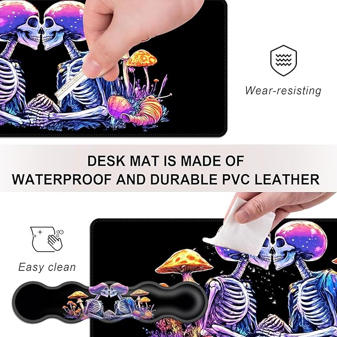 Mouse PadLarge Desk Mat Set 4in1 XL Mousepad + Keyboard Wrist Rest+Mouse Wrist Rest+Coaster with Ergonomic Desk Pad for Home Office Table Computer Cover -Fantasy Skeleton Mushroom