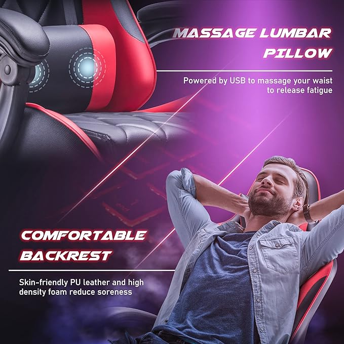 Homall Gaming Chair Computer Chair with Footrest and Massage Lumbar Support Ergonomic High Back Video Game Chair with Swivel Seat and Headrest (Red)