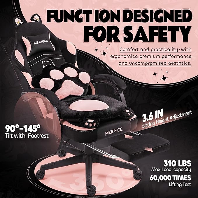 Pink Gaming Chair Cute with Cat Ears Paw Lumbar and CushionErgonomic Computer Chair with FootrestReclining PC Game Chair for Girl Computer Chair 300lbs for Adult