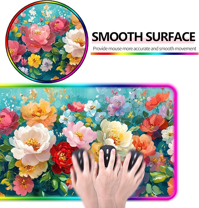 RGB Colorful Flower Peony Gaming Desk Mat Computer Keyboard Large Extended Long Floral LED Mouse Pad for Office and Home XL (W28)