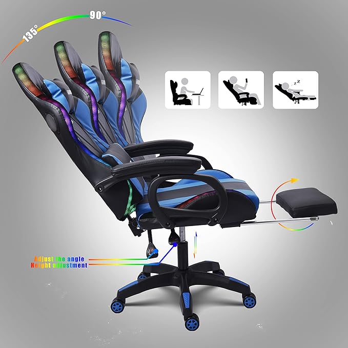 Massage Gaming Chair with Speakers and LED Light Ergonomic Computer Gaming Chair with Footrest and Adjustable Lumbar Support PU Leather 90°-135° Racing Video Gaming Chair.White