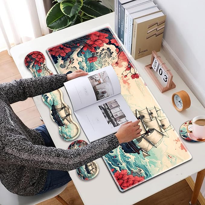 Mouse Pad Combo Large Gaming Mouse Pad + Keyboard Wrist Support + Mouse Wrist Rest + Coaster Table Pad 31.5 x 11.8 with Memory Foam Ergonomic Wrist Pad Set Pirate Ship Landscape Pattern