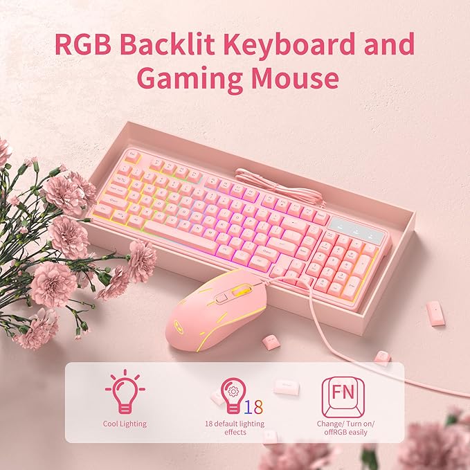 Pink Creamy Keyboard and Mouse ComboMageGee GK980 Wired RGB Backlit Keyboard and Pink Gaming Mouse ComboPC Keyboard and Adjustable Sensitivity Mouse for PC/loptop/MAC