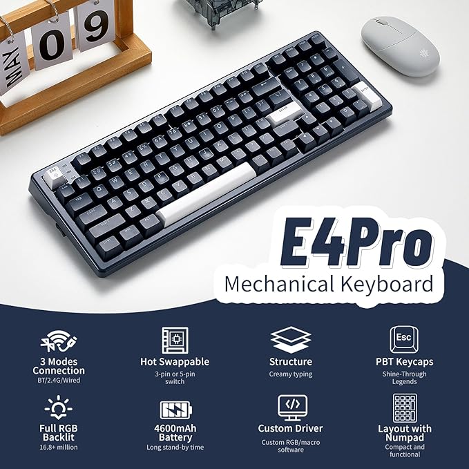 Hexgears Wireless Mechanical Keyboard with Number PadWrist RestGasket StructureTri-Mode BT5.0/USB-C/2.4GHz Hot Swappable KeyboardCreamy SoundRGB BacklitComputer Gaming Keyboards(Clicky Switch)