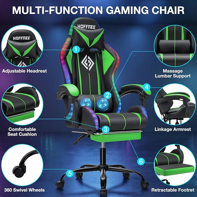 Gaming Chair Massage with LED RGB Lights and Footrest Ergonomic Computer Chair High Back Video Game Chair with Adjustable Lumbar Support Linkage Armrest Green and Black