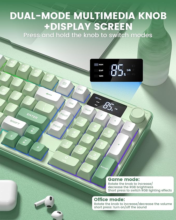 Keymatic Gaming Keyboard Wireless Creamy Keyboard with Media Knob &amp Screen Cute Keyboard Mechanical Feeling Membrane Keyboard with Number Pad RGB Backlit Tri-Mode BT/2.4GHz/USB-C - Green
