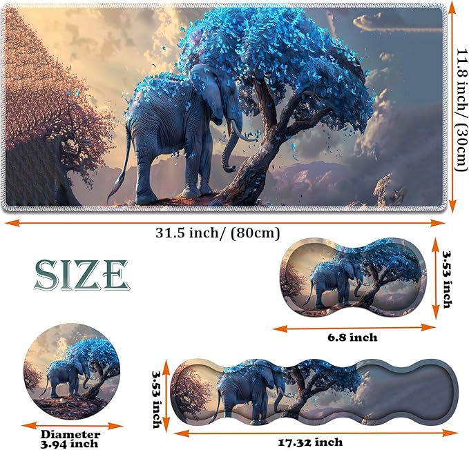 Large Gaming Mouse Pad + Keyboard Wrist Rest + Wrist Support + Coaster Set Memory Foam Ergonomic for Easy Typing XXL Extended Gaming Mouse Pad Table Pad - Blue Leaves and Elephants