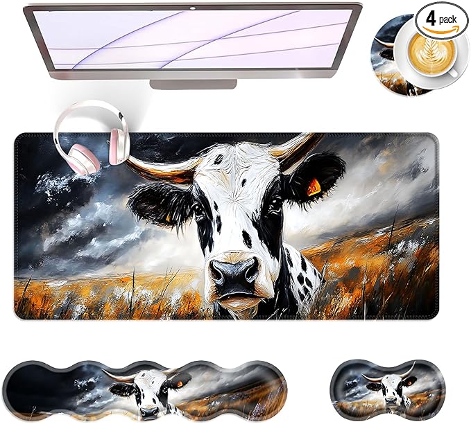 Large Keyboard Mouse Pad Set Extended Mouse Pad+Keyboard Wrist Rest Support Memory Foam Ergonomic Easy Typing 4Pcs (31.5×11.8 in) Desk Pad Set for Office HomeCute Cow